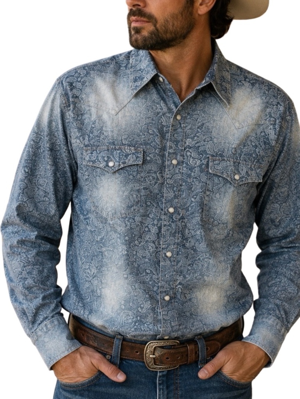 Wrangler Retro Men’s XL Blue Paisley Pearl Snap Western Shirt MVR138M